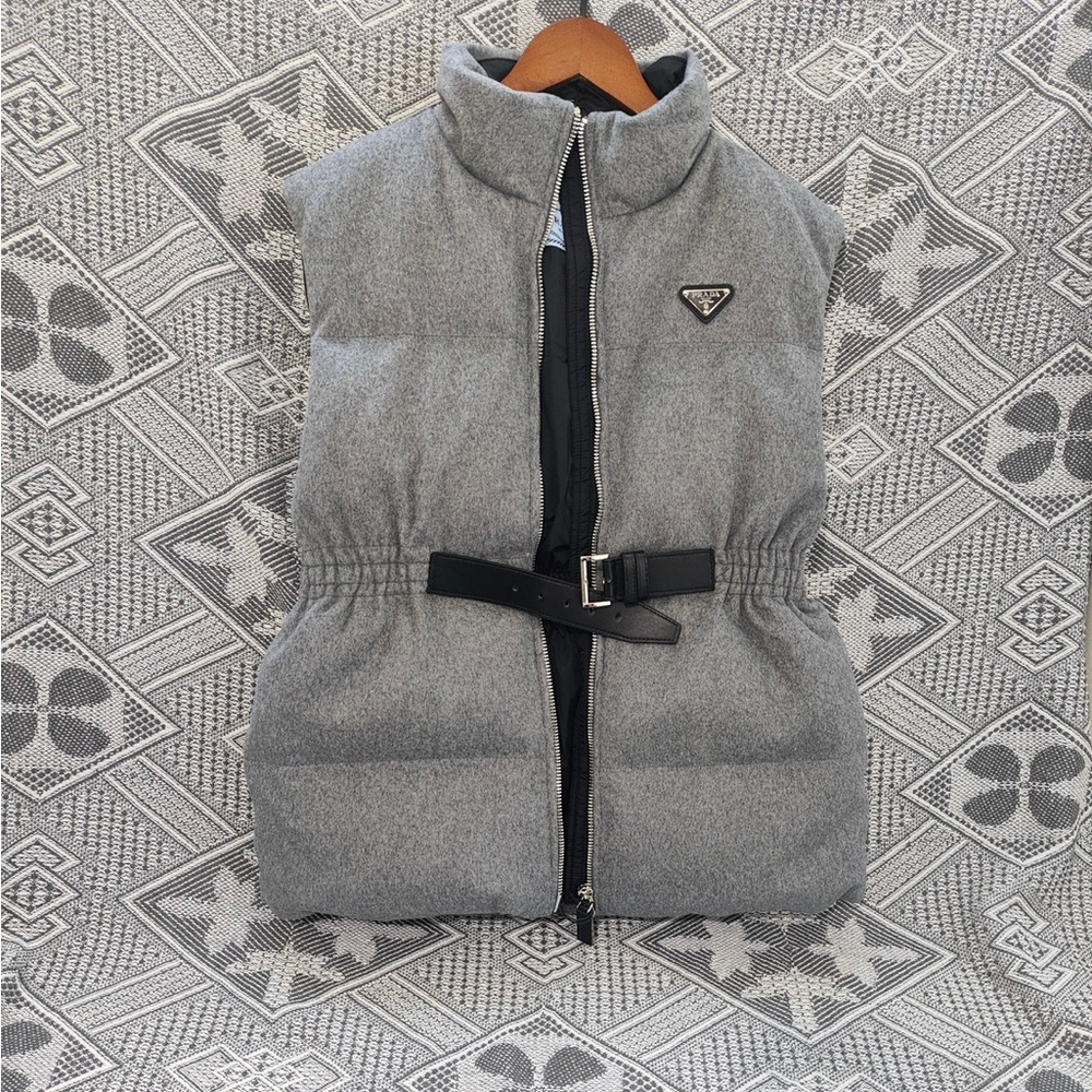 Prada Gray Quilted Belted Down Vest with Black Trim